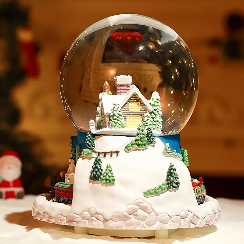 Customizable Christmas Train Snow Globe with Rotating Train Resin Base Water Globe Glass Blowing Snow Christmas Music Slot Toys