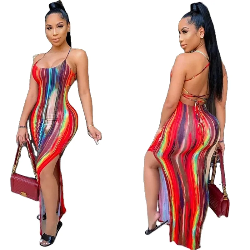 
Summer 2021 High Quality Tie-dye Ladies Backless Printed Women Fashion Clothes Styles Slit Casual Dresses 
