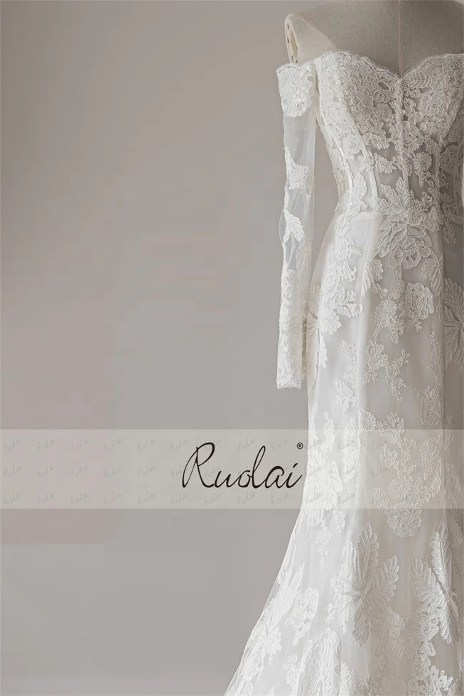 Ruolai QW01863 Sweep Train Lace Up Back Sweetheart Neckline Off Shoulder Long Sleeves Mermaid Wedding Dresses For Bride