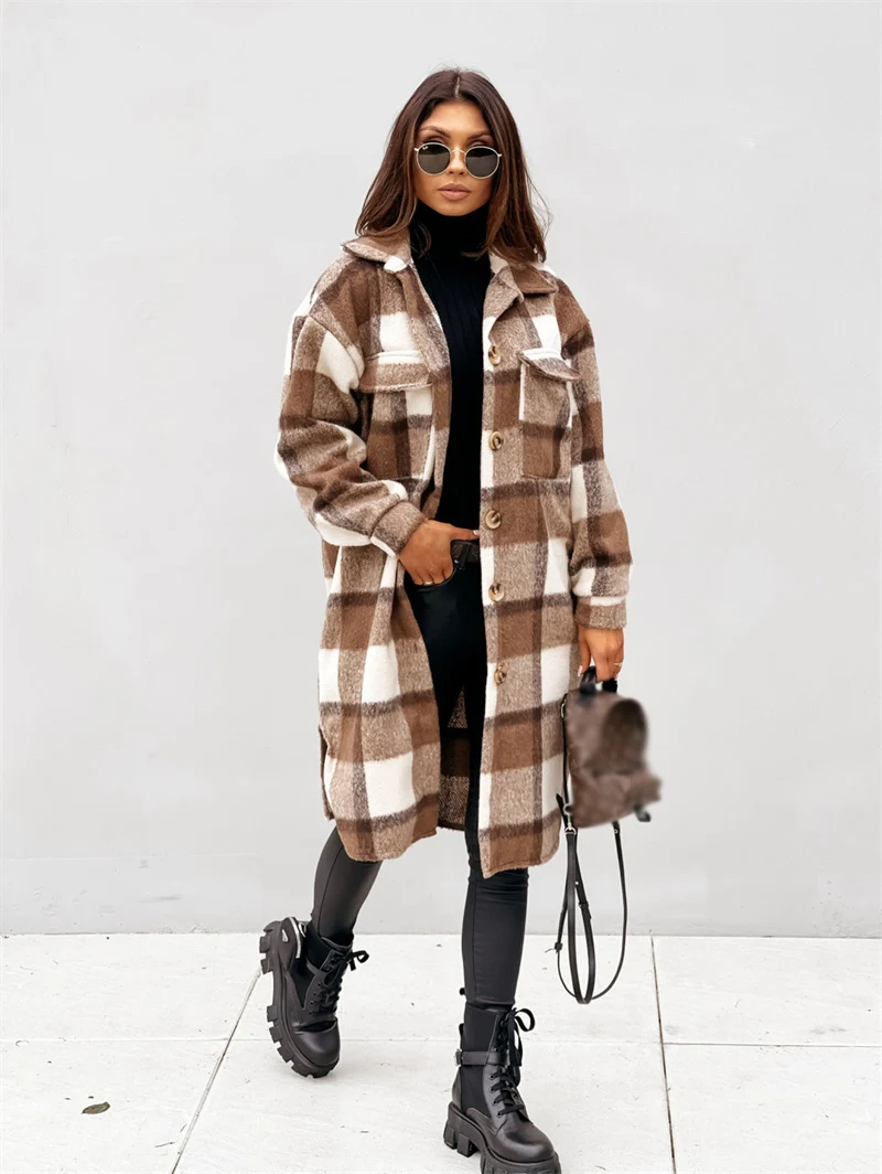 Autumn winter coats for women 2021 lapel pocket long plaid shirt jacket coat woolen fleece plaid long coats brown for women