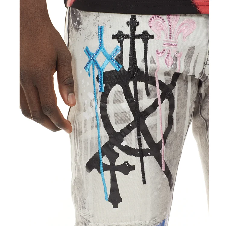 Fashion High Quality Stylish Light Color Unity Rhinestone Letter Dripping Design Jean Long Pants Men