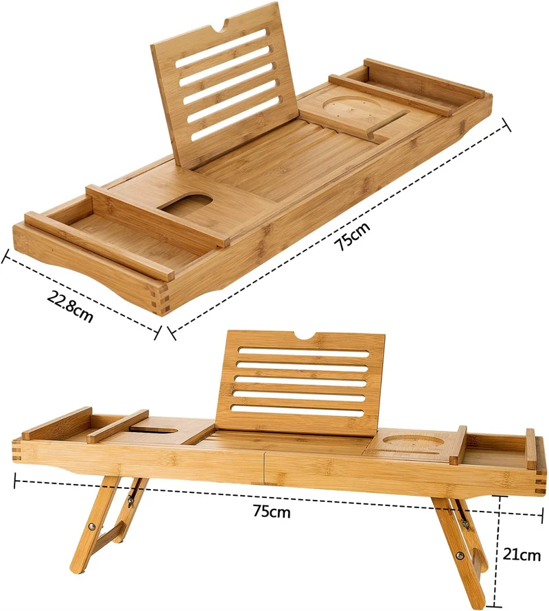 Wholesale Natural Bamboo Luxury Bathtub Caddy Tray with Extending Sides and Foldable Legs