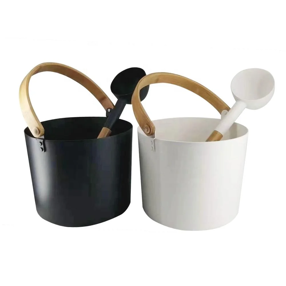Aluminium Sauna bucket with bamboo handle, metal bucket with wooden handle
