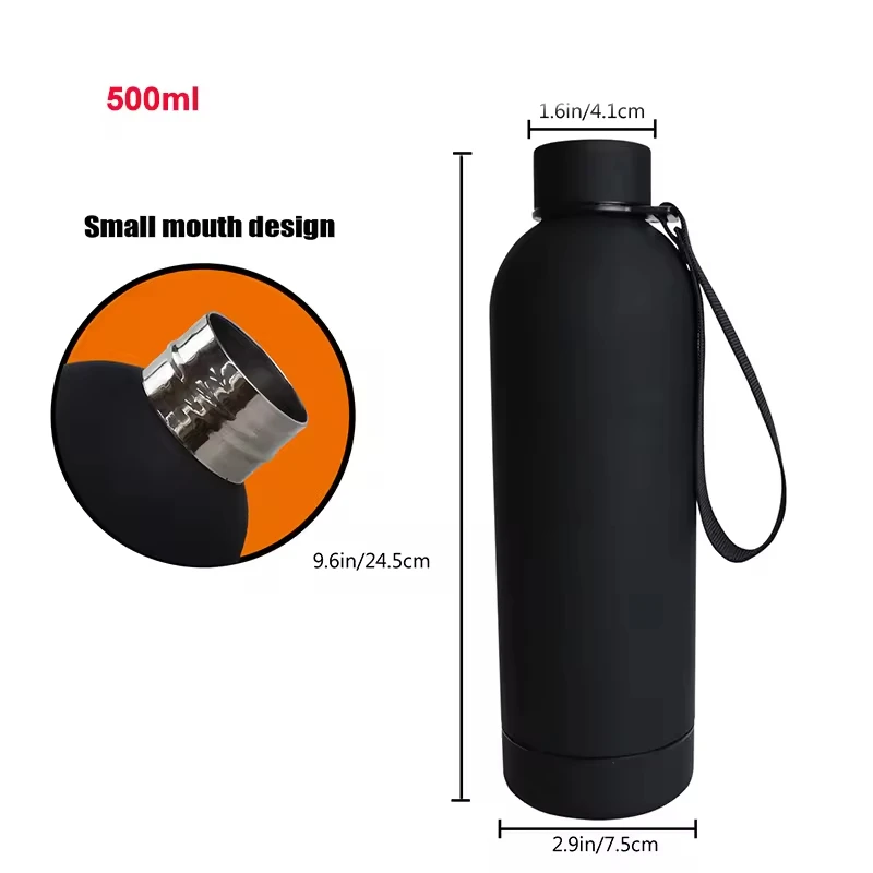 500Ml Narrow Mouth Sports Double Wall Stainless Steel Vacuum Flask  Water Bottle With Strap Filter