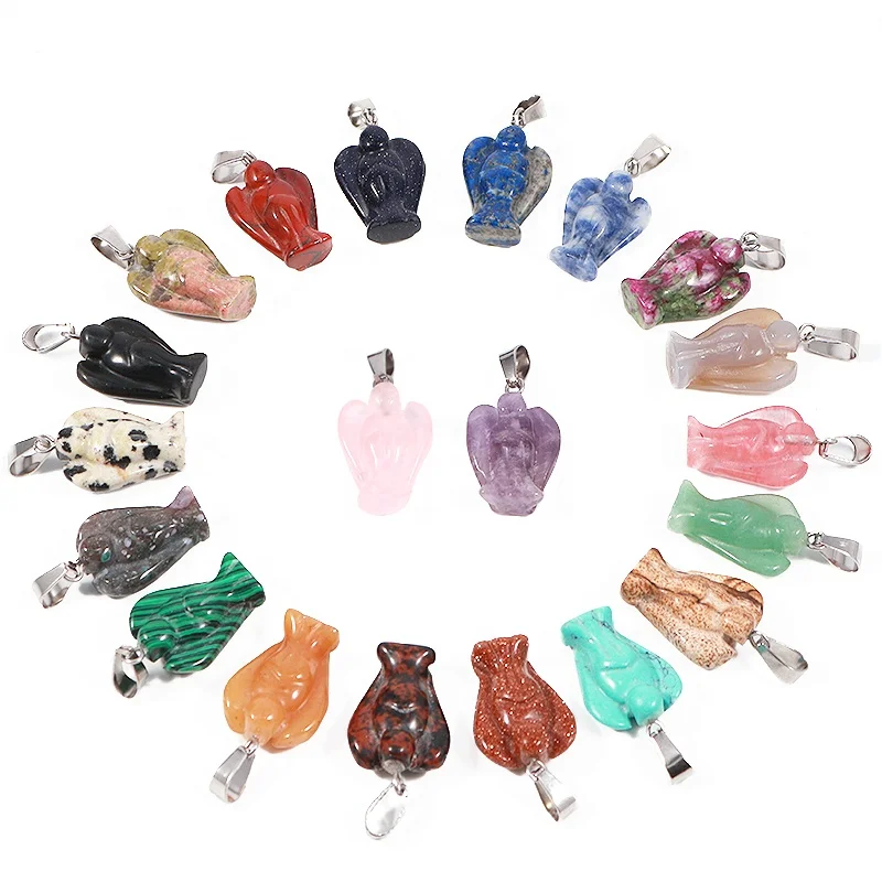 Charms 15*20mm Natural Crystal Gemstone Angel Pendant Mixed Carved Guardian Angel Statue Pendants for Jewelry Necklace