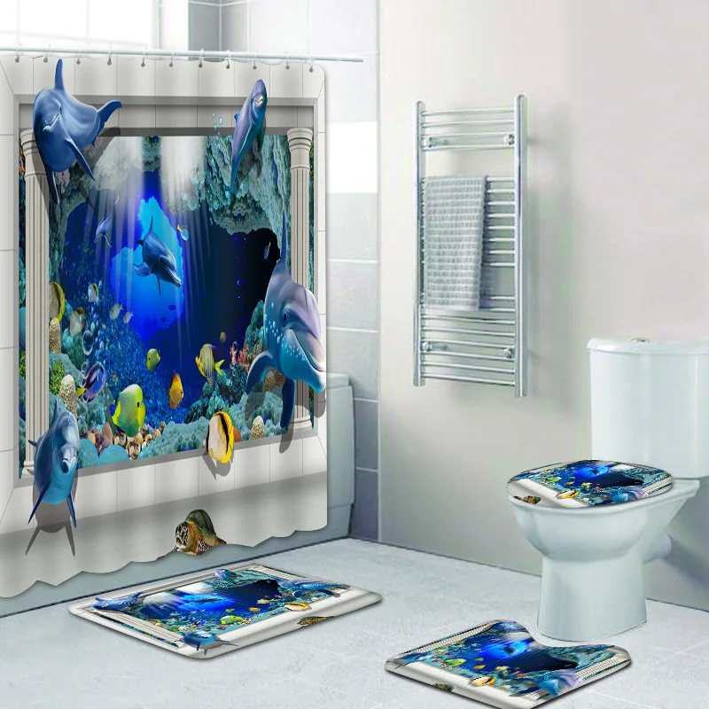 
3D Printing Design Bathroom Washroom Ocean Dolphin Waterproof Shower Curtains Toilet Lid Cover Anti-Slip Rug Mat Set 4 pieces 
