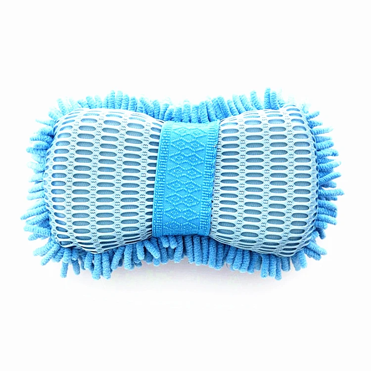 High Quality Big Size Blue  Microfiber Chenille Mesh Sponge Car Detailing Wash House Cleaning Scrubbing Pad  With Elastic Band