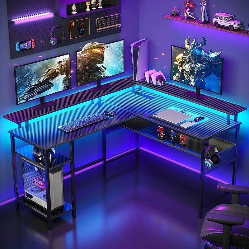 Carbon Fiber Surface Office Desk with Storage Computer Desk 59' with LED Lights and Power Outlets PC Gamer Gaming Table Desk