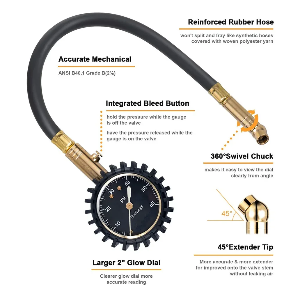 Tyre Pressure Gauge, 100PSI Dial Gauge Meter for Car With Flexible Hose Protective Rubber Guard