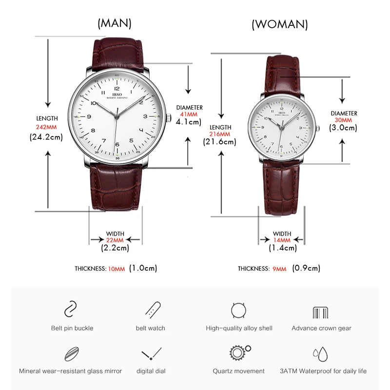 IBSO New 2022 Hot Selling Couple Watch Set Women Quartz Watches Set Gift Luminous Leather Strap Watch