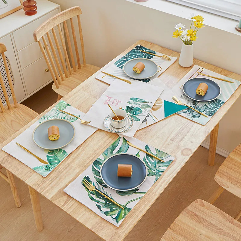 New Designs Summer Tropical Leaves Palm Tree Printed Washable Placemats Linen Cotton Dining Table Mats