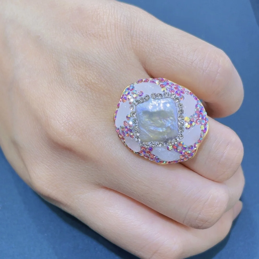 New Arrival Keshi Pearl With Pink Color Stone Rings Fashion Women Jewelry Gifts