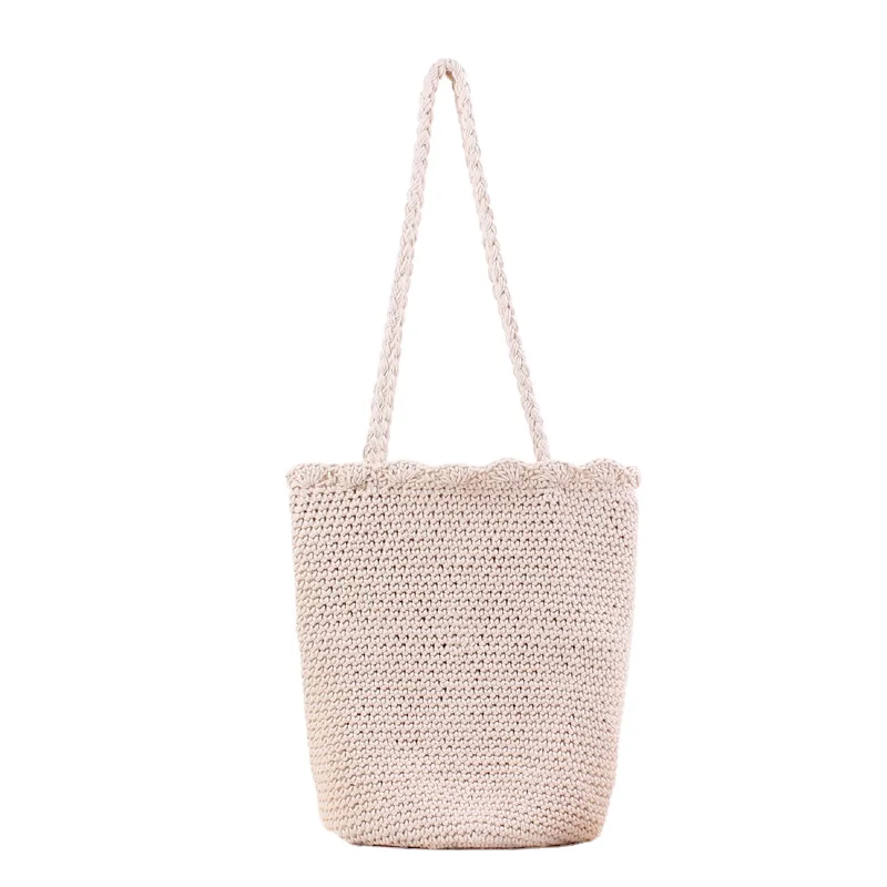 Fashion Boho Crochet Knitted Drawstring Bag Summer Beach Casual Tote Handbag Women Vacation Handmade Eco Friendly Shopping Bag