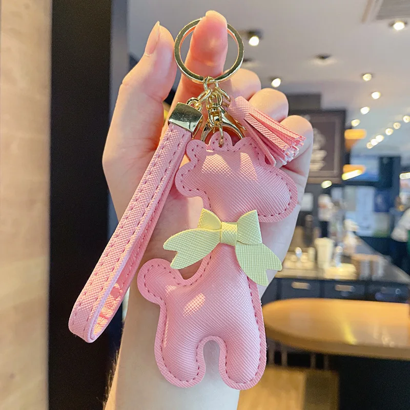 Cute Animal Giraffe PU Leather Keychain For Women Bowknot Tassels Trinket Metal Keychains Car Bag Pendent