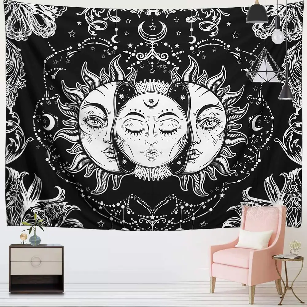 Custom New Boho Black Moon Sun Star Pattern Print Home Decor Background Fabric Blanket Hanging Tapestry For The Living Room Wall
