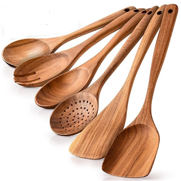 6 Pieces Wooden Spoon Set Cooking Fried Spatula and Salad Fork Acacia Wooden Kitchen Utensils Set for Non-stick pan