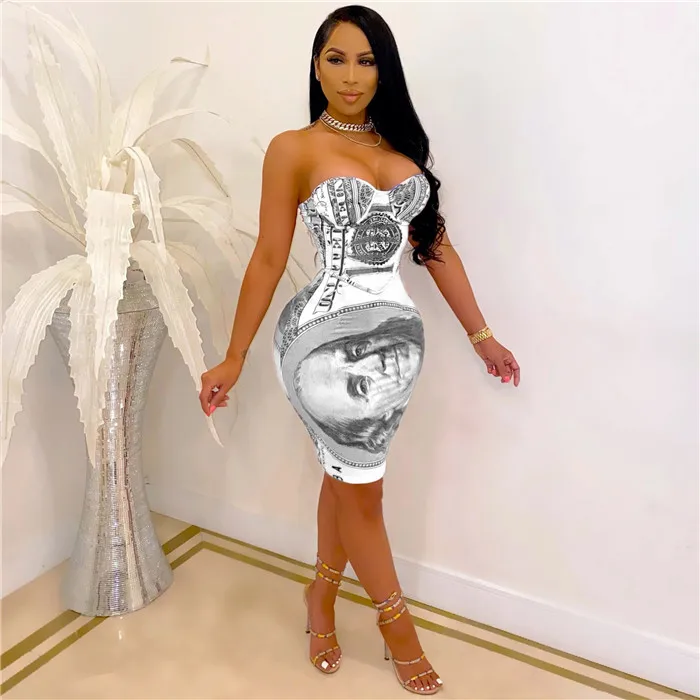 Dropshipping dresses sexy Clothes For Women 2021 Strapless Bodycon Usd Printed Dress Package Hip Dresses Women
