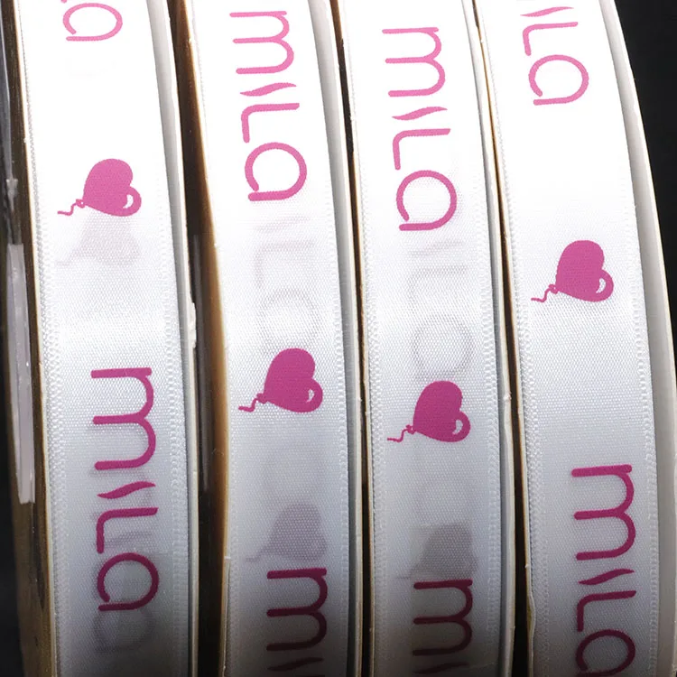 Factory custom artwork ogo silk printed satin ribbon , 2 cm white single face personalised polyester ribbon printed for bows
