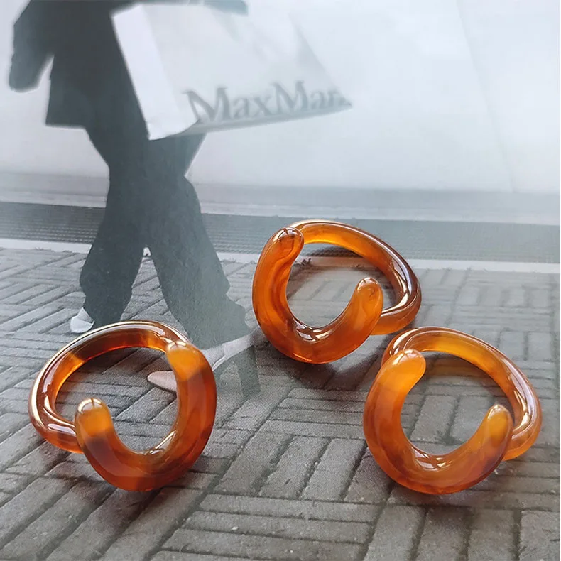 Trendy Resin Aesthetic Acrylic Plastic U Shape Finger Rings Cute Candy Teen Gem Y2K Stacking Square Resin Fruit Rings Set