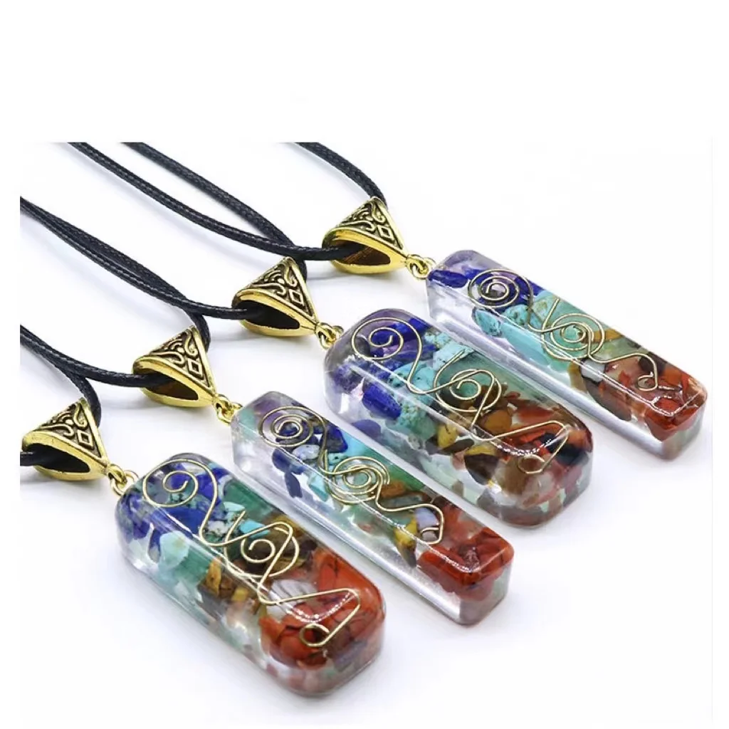 Wholesale Reiki Colorful Healing Stone 7 Seven Chakra Orgone Energy Pendulum Amulet Crystal Pendant Necklace
