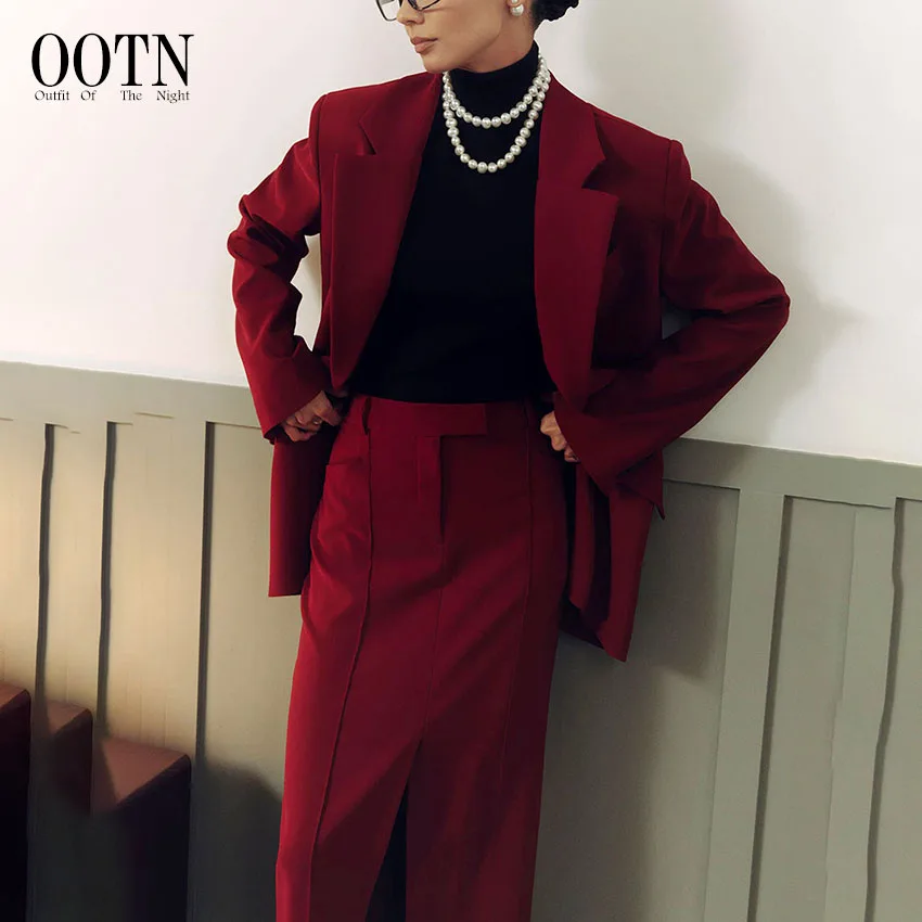 OOTN Office Lady Red Straight Skirts 2024 Elegant High Waist Pleated Skirt Women Fashion Casual Twill Long Skirts Spring Zipper