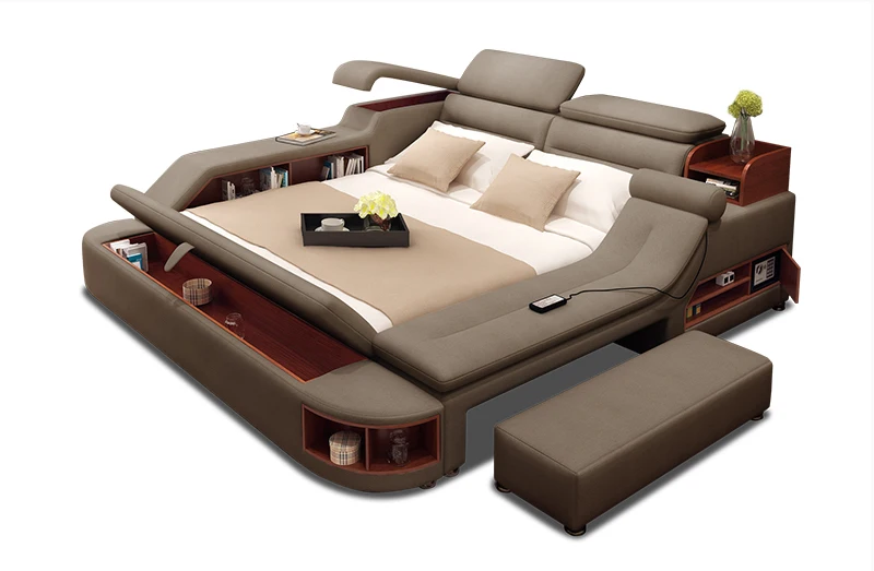 Multi function bed with massage and music pu leather upholstered bed with led