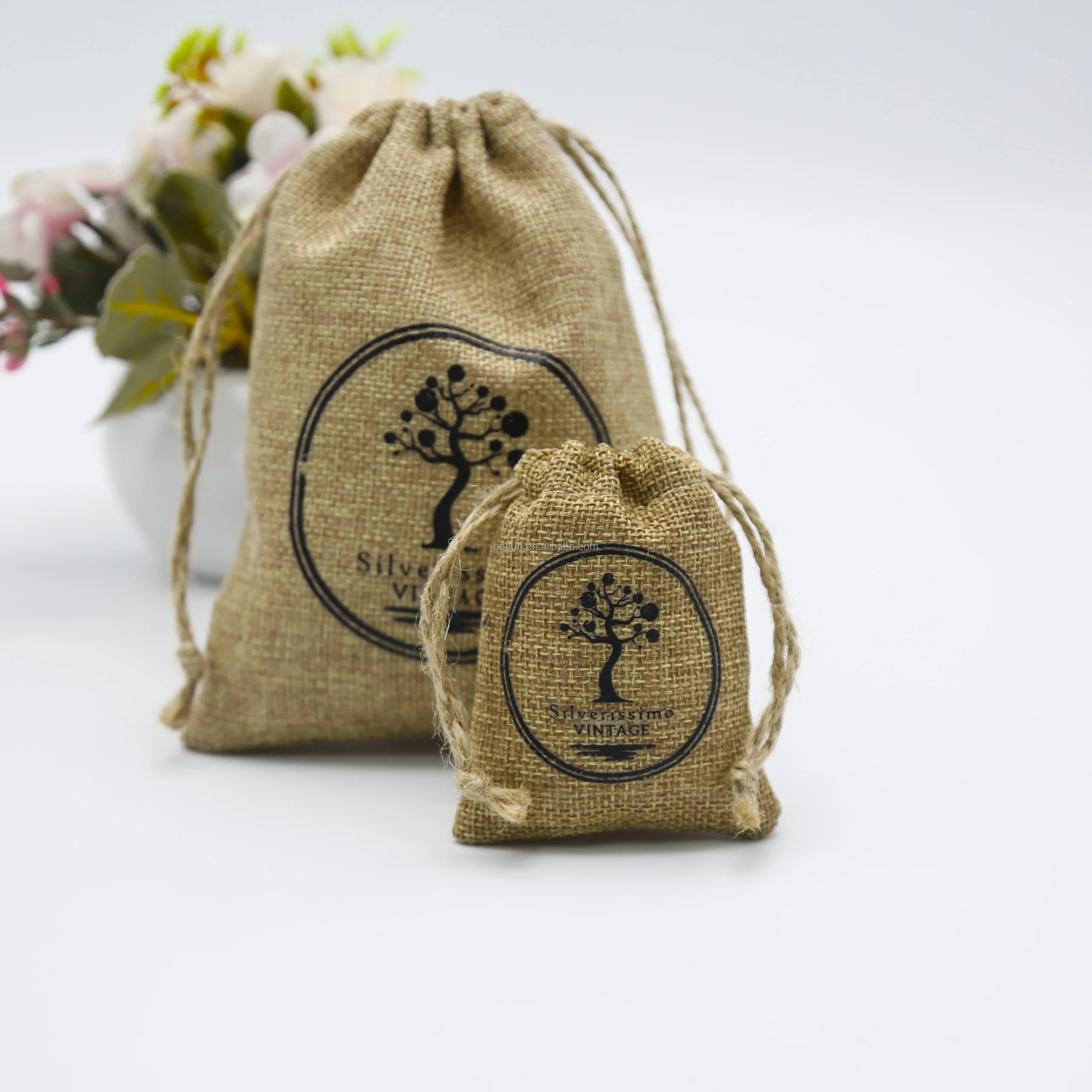 wholesale logo printed jute burlap gift bag with drawstring
