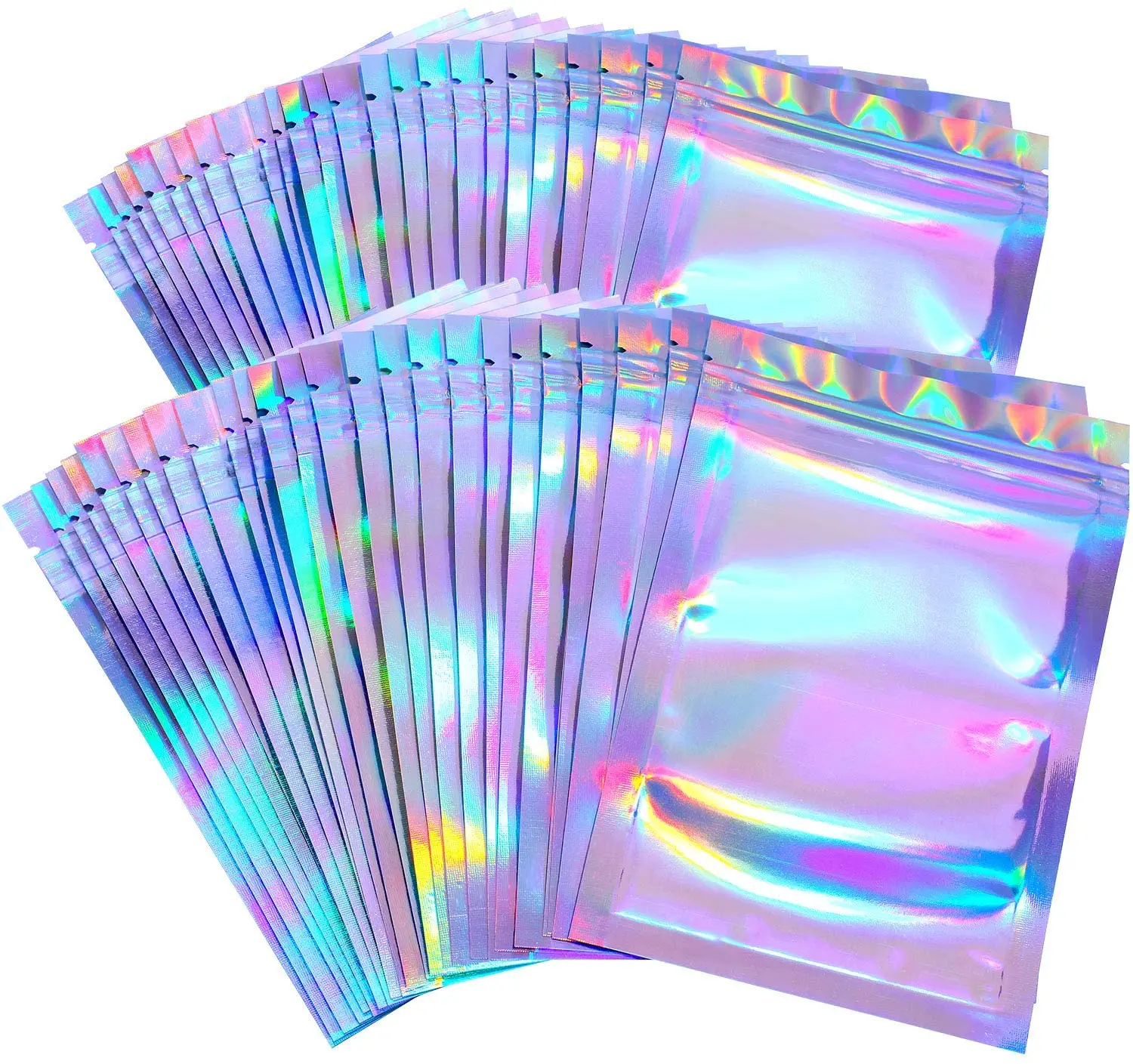 
Rainbow Color Holographic Mylar Bag Smell Proof Resealable Ziplock Packaging Bag for Food Storage 