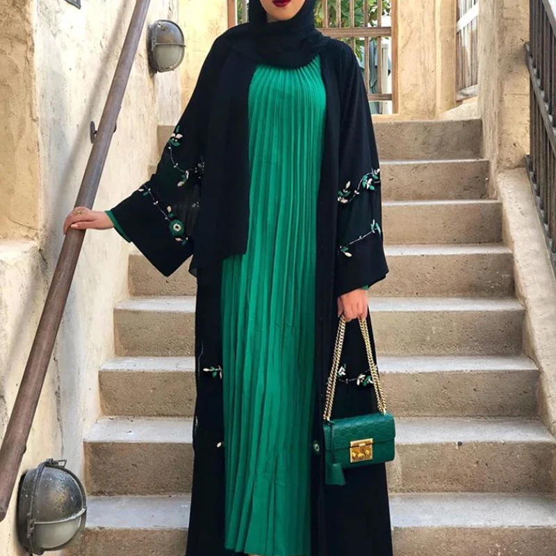 2024 New Design Open Abaya Black Arabic Luxury Handwork Pearls Embroidery Open Abaya