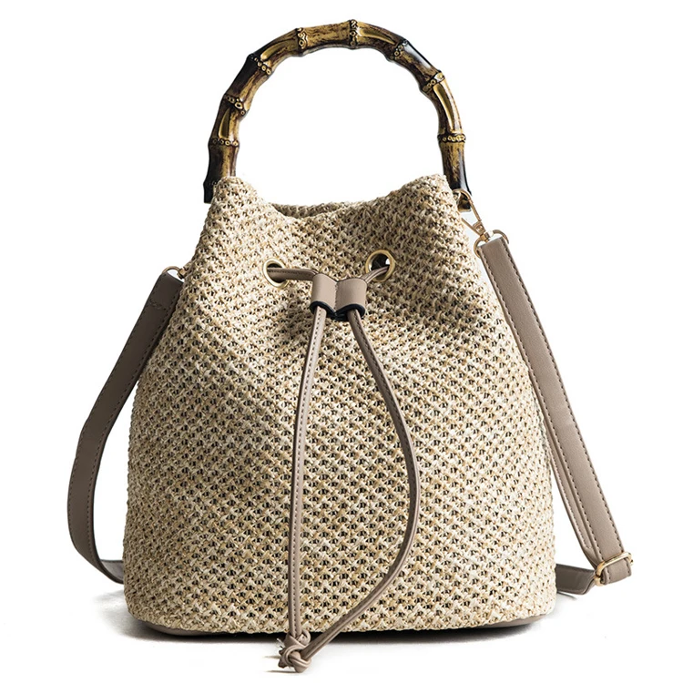 Straw Woven Bag Fashion Korean Version Tide Bamboo Hand-Held Bucket-Shaped Women Bag One-Shoulder Diagonal Bag