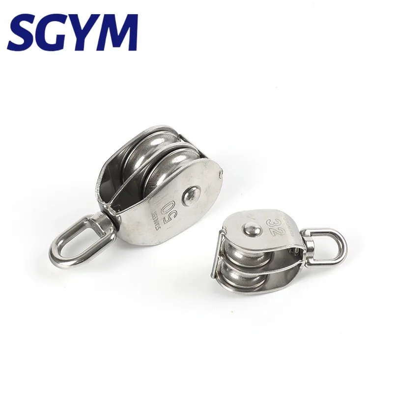 Stainless Steel 304 Pulley Block Marine Swivel Eye Pulley with Plat Shoulder and Double Wheels Snatch Pulley M20