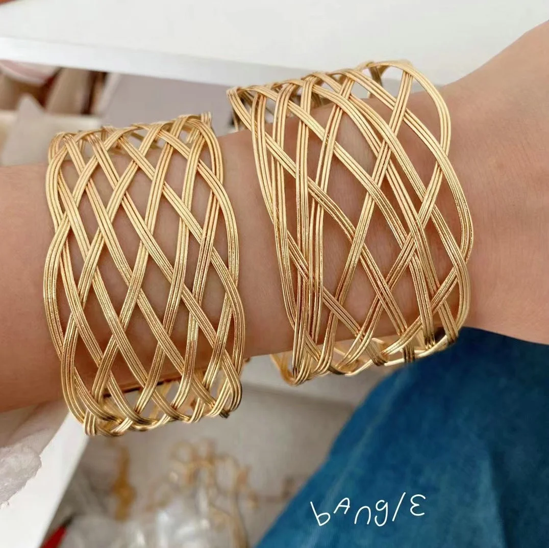 brass cuff bangle bracelet for women new arrival 2024 gold plated wide hollow intersect bangles jewelry ladies indian