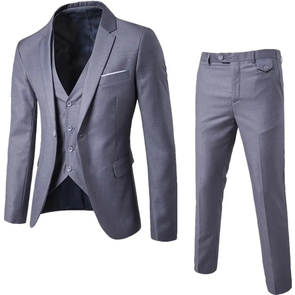 New Fashion Men Groom One Button Lapel Collar Solid Color Three-piece Casual Bridegroom Groomsman Tops+Vest+Pants Suit
