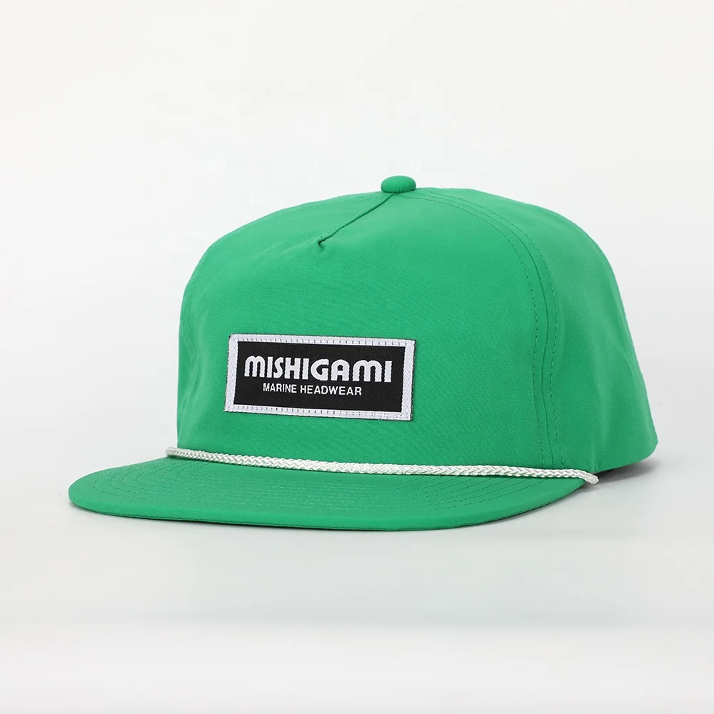 BSCI Oem Custom 5 Panel Woven Label Logo Unstructured Green Nylon Hat,Waterproof String Gorras,Flat Bill Rope Snapback Cap