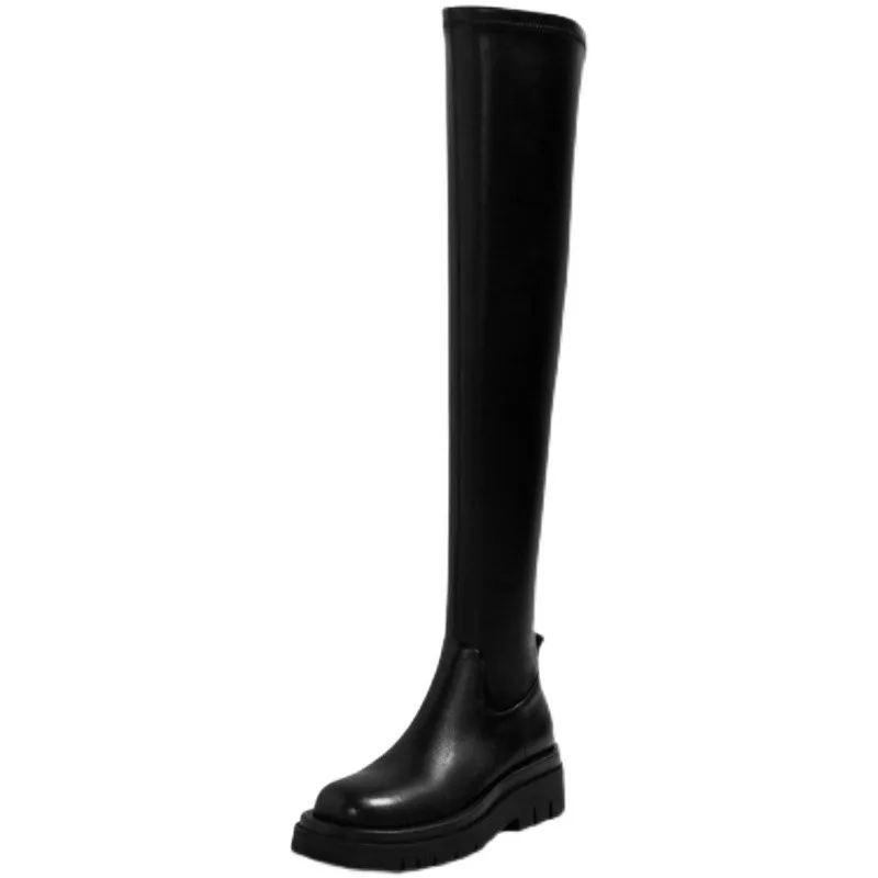 230913-2 35-43 new style over-the-knee long leather boots for knights Thick soled black thigh flat  boots for women