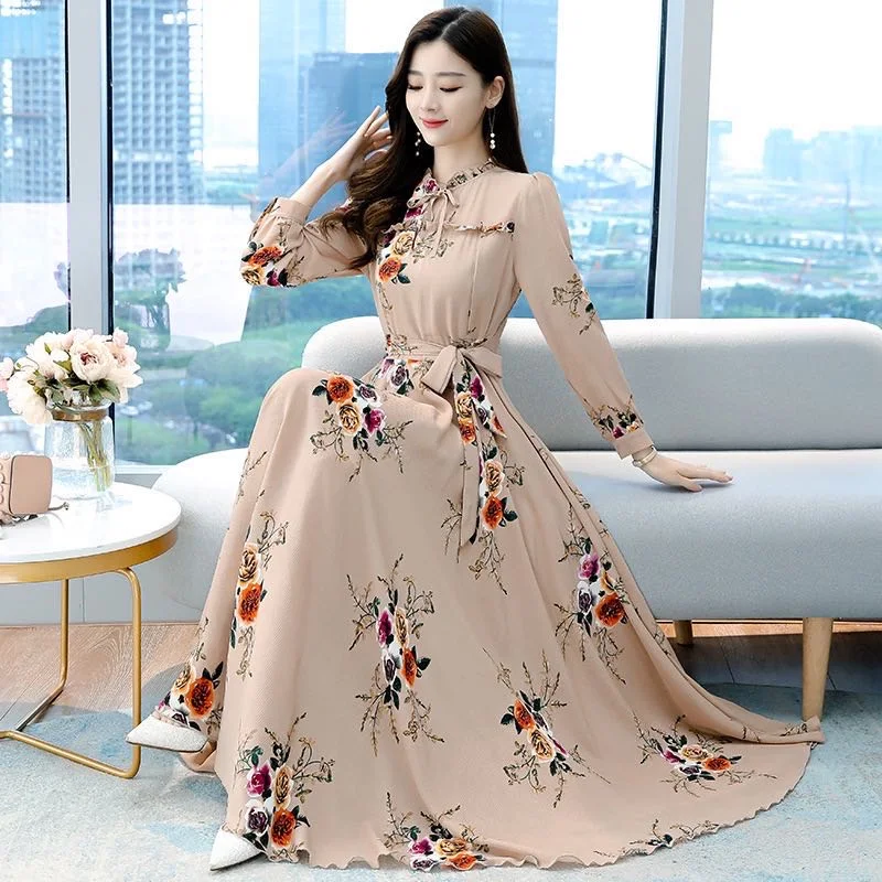 Women Maxi Standard Floral Summer long dress lady long sleeves printing  flowers fashion Dresses