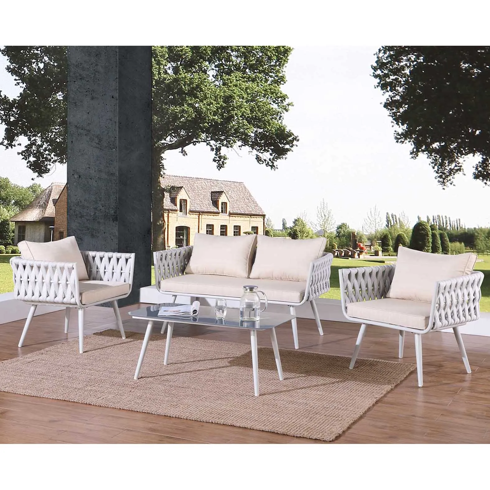 
4 pcs upholstered cushion all weather waterproof metal aluminum wicker rattan patio garden outdoor furniture 4 seater sofa set 