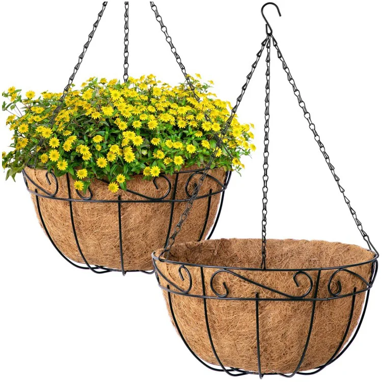 Металлическая наружная крытая растительная подвесная корзина с кокосовое волокно кашпо для цветов