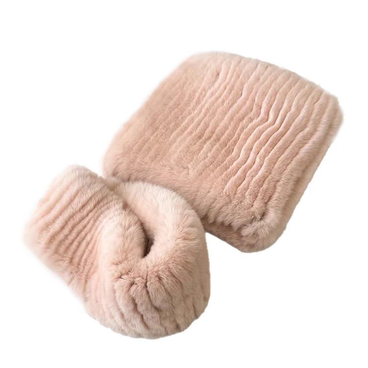 CX-C-360 Winter Knitted Beanie Hats Furry Real Rex Rabbit Fur Hat and Scarf Set