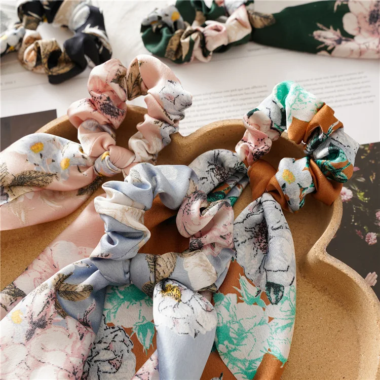 Fashion Flower Printed Long Tail Hairscarf Hair Band Women Ladies Large Floral Satin Silk Ponytail Holder Scrunchies Accessories