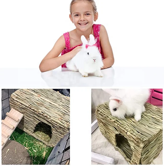 Large Grass House Rabbits Natural Grass Foldable Hut Small Animal Play Hideaway Bed Toys Hay Mat Bunny Guinea Pig Chinchilla