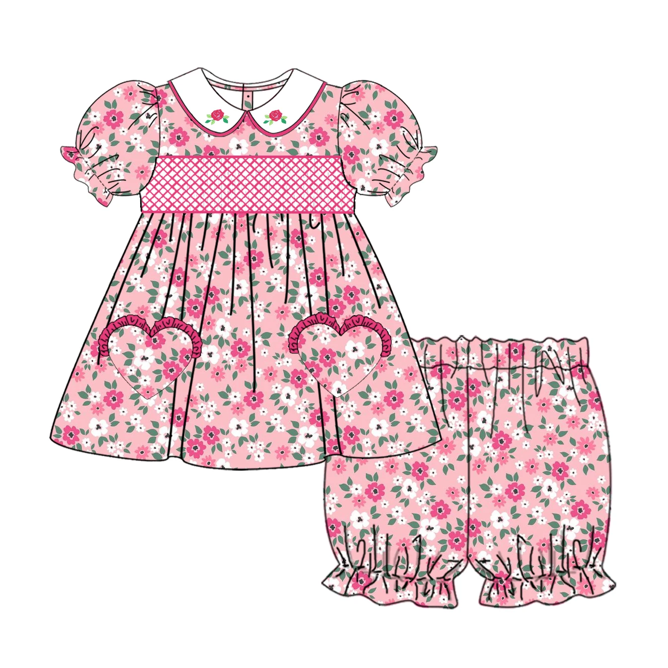 Customized designs popular fabric smocked girl dress floral designs Baby Girl Dress kids children clothing from Puresun