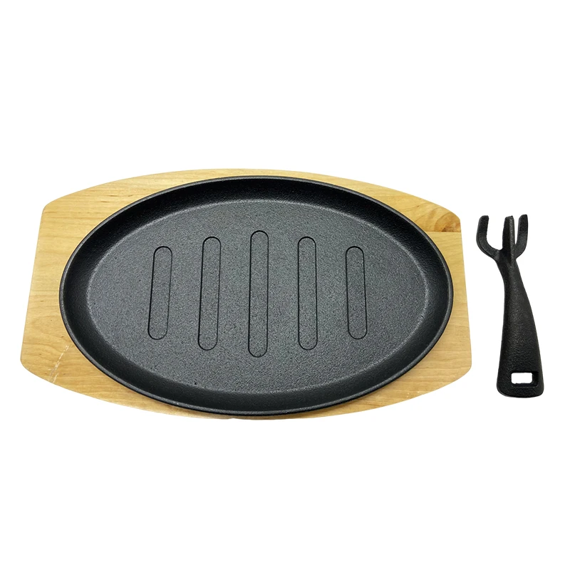 Cast Iron Vegetable Oil Oval Shape Fajita Pan Steak Plate With Removable Handle And Wooden Board