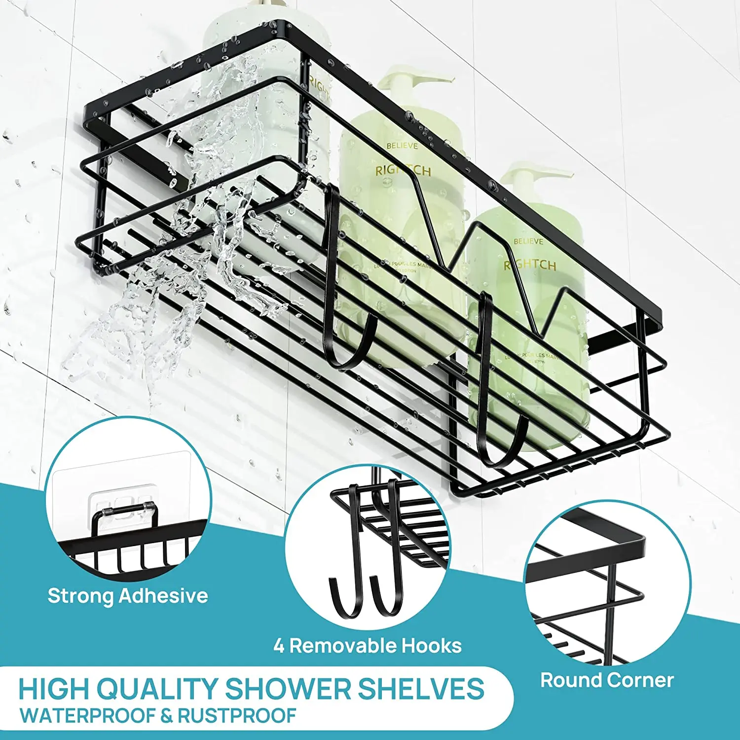 5 Pack Shower Caddy Shelves Organizer with 4 Hooks, Self Adhesive Shower Rack Storage Shelf for Inside Shower