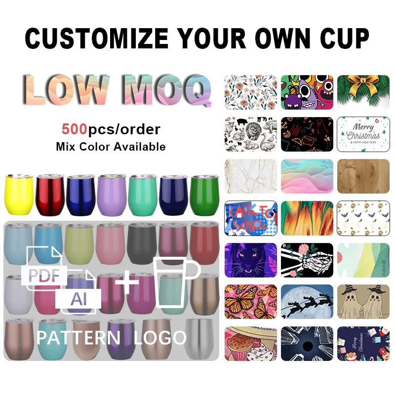 Custom Logo wine Egg Shaped coffee mug Glasses Stainless Steel Insulated Cups Powder Coating 12oz Stemless Wine Tumbler