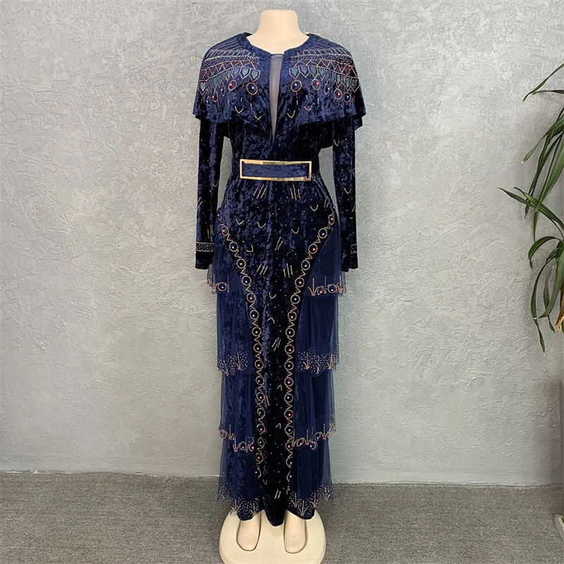 2022 New Arrival Rhinestone Evening Party Dresses Fashion O Neck African Dresses For Women Velvet Stretch Maxi Dress With Belt