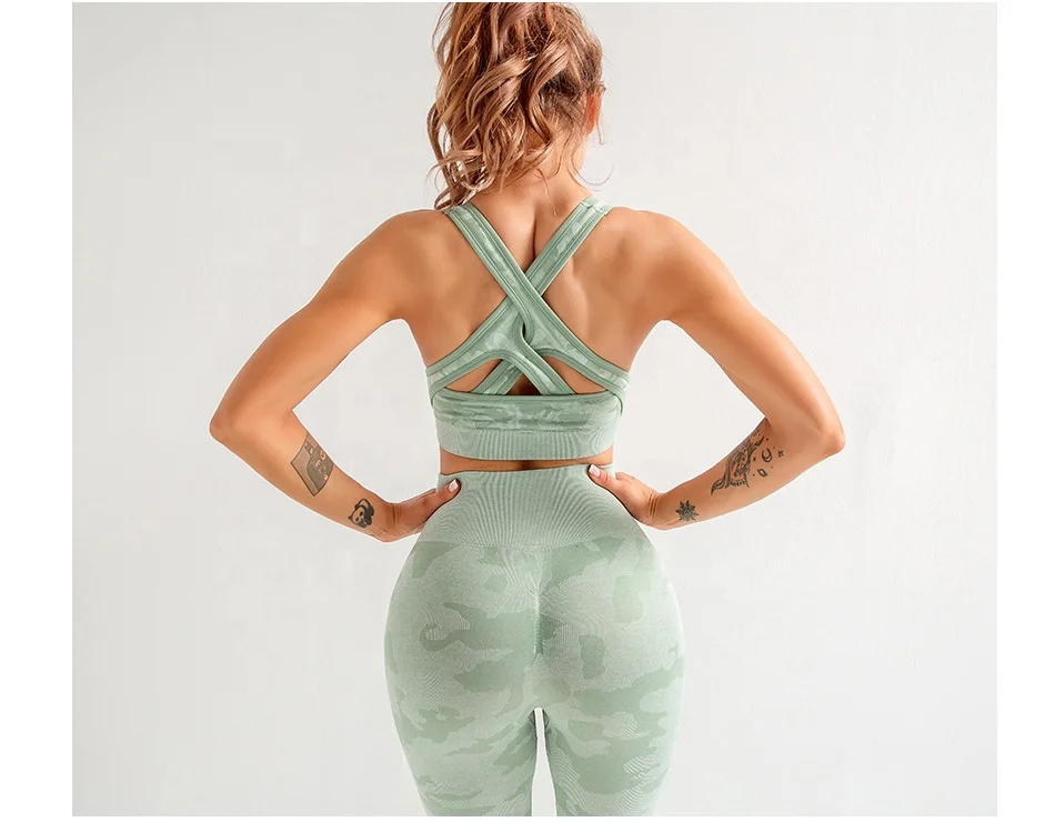 3 шт. Спортивная бесшовная одежда для тренажерного зала, тренировочная одежда, камуфляжный укороченный топ с вырезами, комплект для йоги, женская спортивная одежда