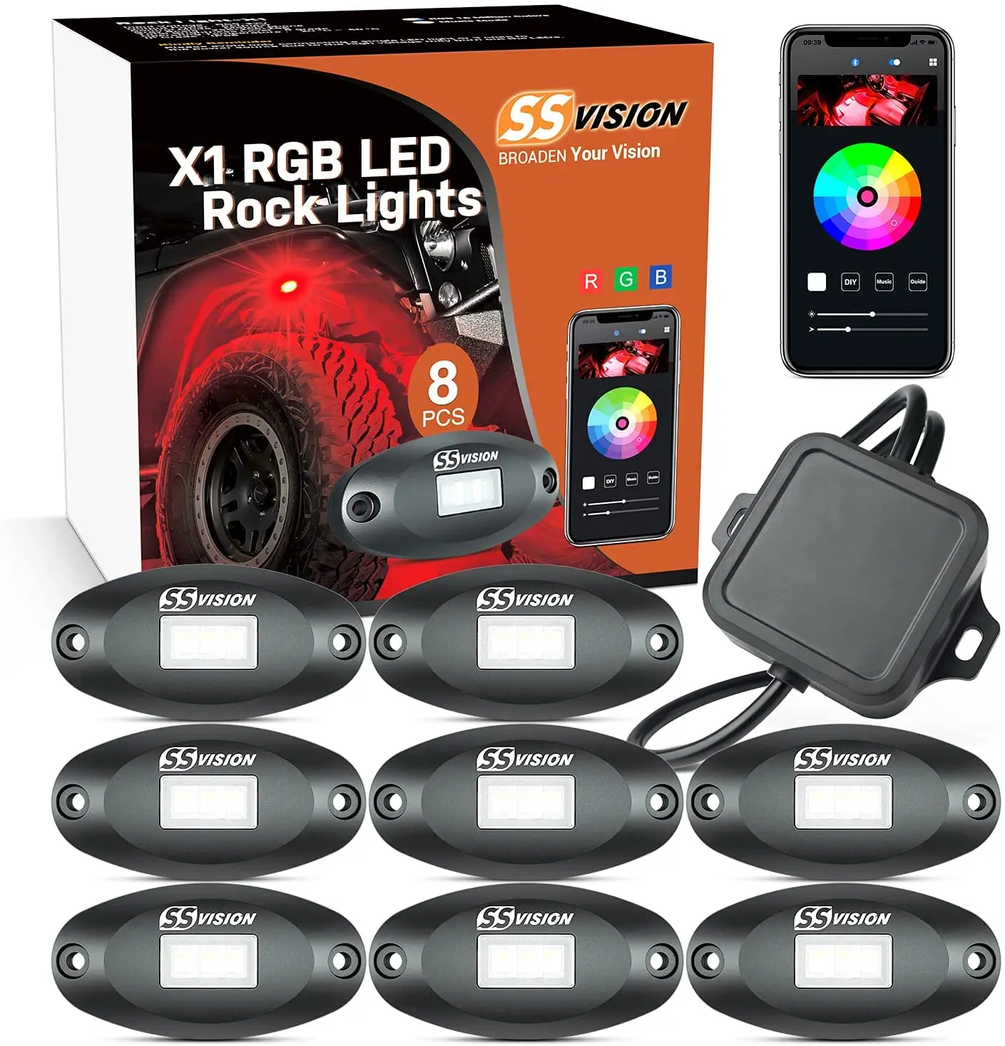 mictuning X1 led rock lights  - 8 Pods Multicolor Neon Underglow Light with Bright Pure Color,Music Mode