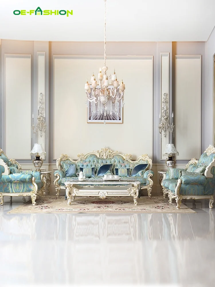 OE-FASHION Palace Rococo high-end villa neoclassical carving silver foil French luxury European fabric sofa