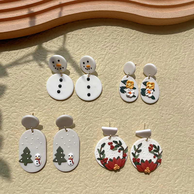 Wholesale Polymeric Clay Designer Inspired Earrings Stud With Loop Handmade Earrings Snowman Fashion Huggies Earring For Women